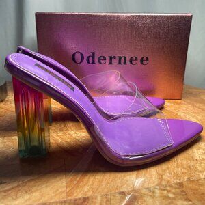NIB Rainbow Heels Transparent Peep Toe Mules Backless 4 Inch Heels.